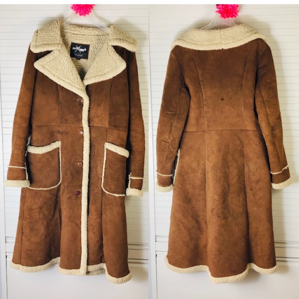 Maxima Wilsons Women Trim Suede Leather Long Coat